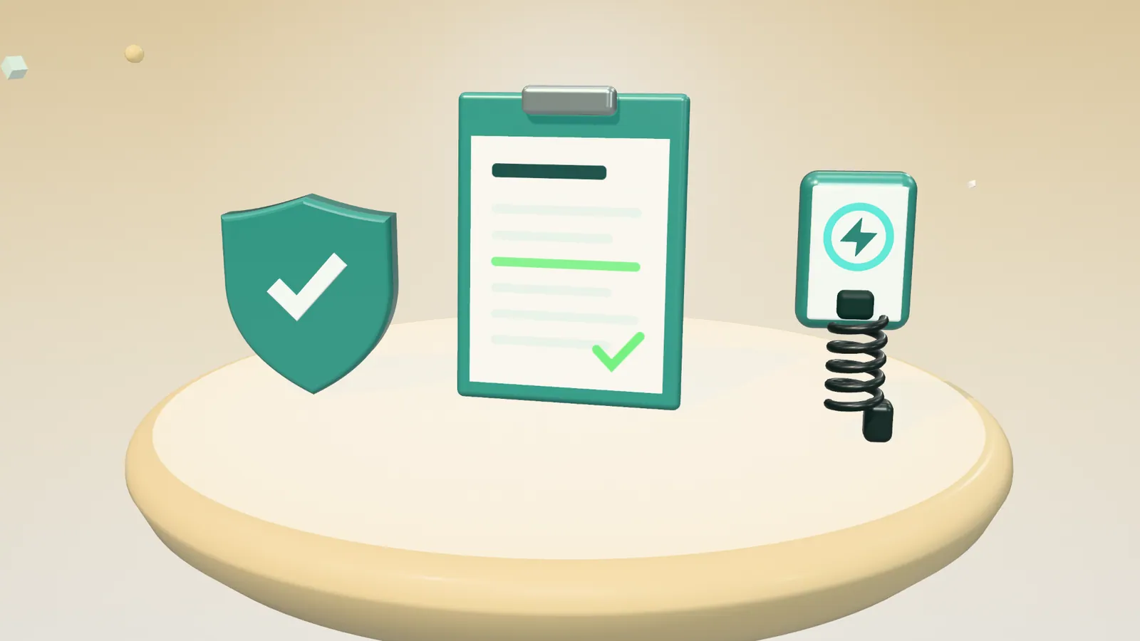 3D illustration of a clipboard with a form, a shield with a tick and a wall-mounted home charger on a floating island in daylight
