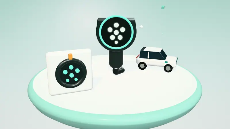 3D illustration of a Type 2 charging plug, a white electric hatchback and a Type 2 charging socket on a floating island in daylight