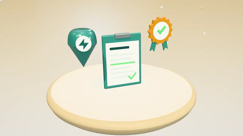 3D illustration of a clipboard with a form, an approval seal and a map pin on a floating island in daylight