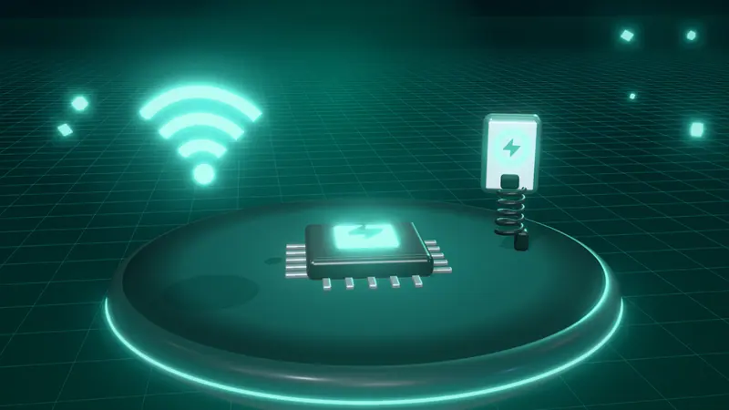 3D illustration of a microchip, a wall-mounted home charger and a wireless signal on a floating island at night
