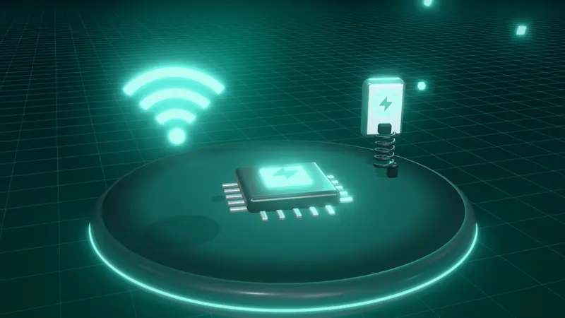 3D illustration of a microchip, a wall-mounted home charger and a wireless signal on a floating island at night