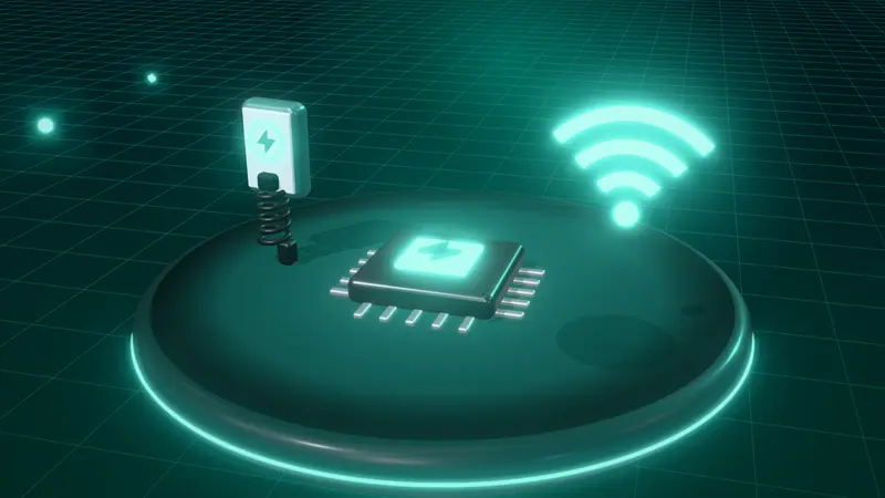 3D illustration of a microchip, a wall-mounted home charger and a wireless signal on a floating island at night