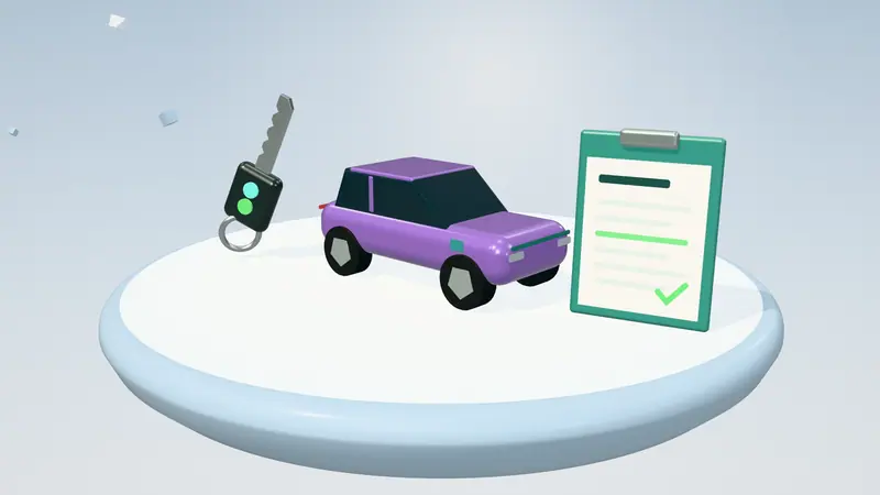3D illustration of a purple electric car, a car key and a clipboard with a form on a floating island in daylight