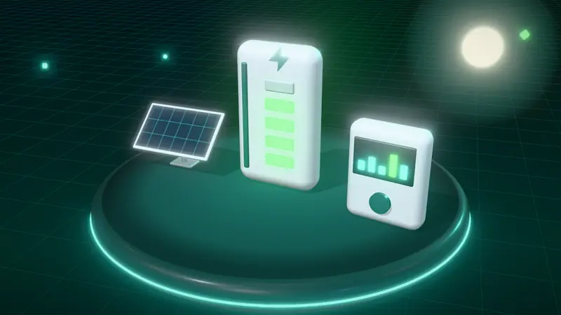 3D illustration of a home battery, a solar panel and a smart meter on a floating island at night