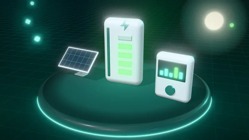 3D illustration of a home battery, a solar panel and a smart meter on a floating island at night