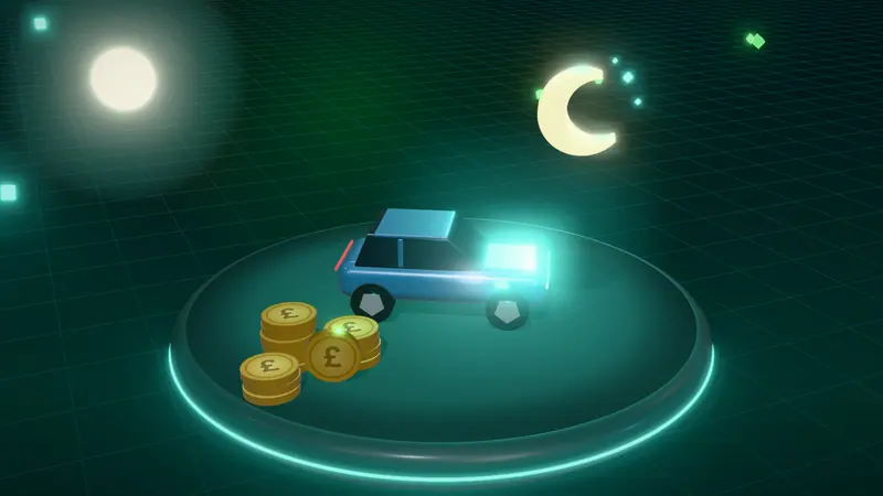 3D illustration of a blue electric car, a crescent moon and stacks of pound coins on a floating island at night
