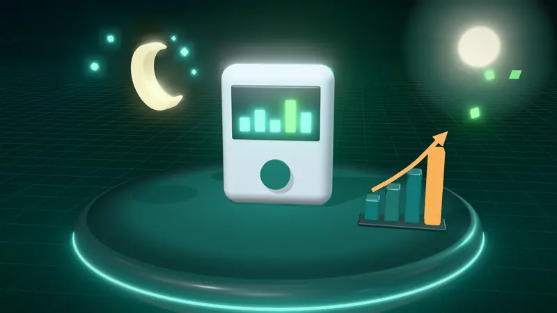 3D illustration of a smart meter, a crescent moon and a bar chart on a floating island at night