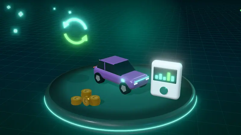 3D illustration of a purple electric car, two-way energy arrows, a smart meter and stacks of pound coins on a floating island at night