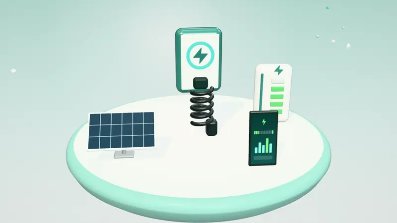 3D illustration of a wall-mounted home charger, a home battery, a solar panel and a smartphone app on a floating island in daylight