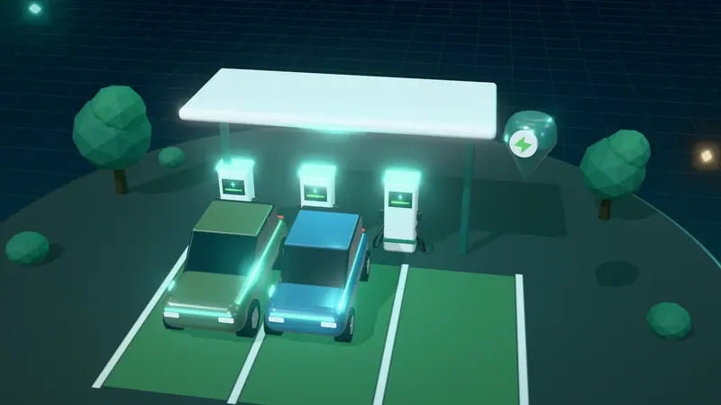 3D illustration of a public charging hub with rapid chargers under a canopy and electric cars in green bays at night, with a map pin