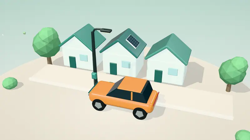 3D illustration of an electric car charging from a lamp-post charge point on a street in daylight