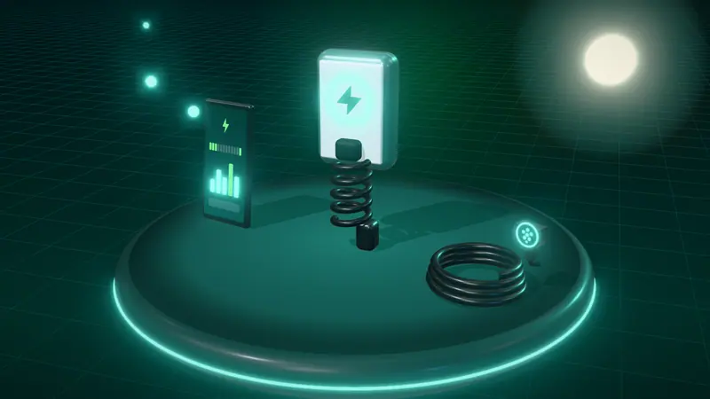 3D illustration of a wall-mounted home charger, a smartphone app and a coiled charging cable with a plug on a floating island at night