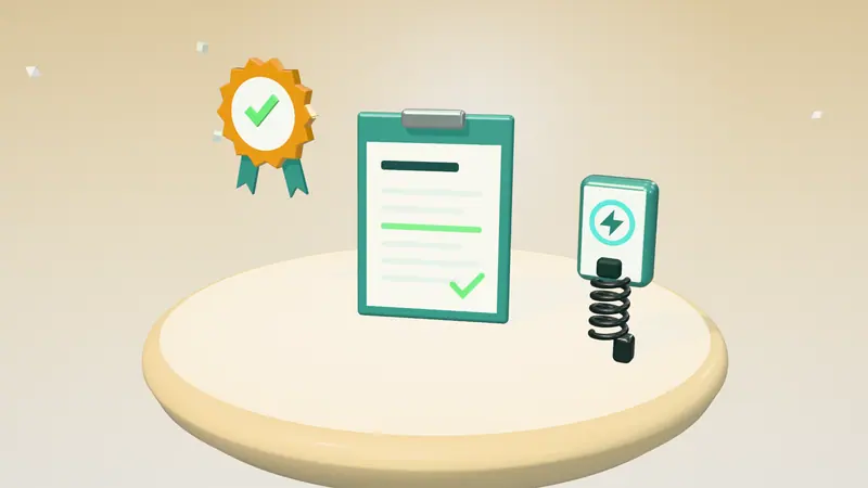 3D illustration of a clipboard with a form, an approval seal and a wall-mounted home charger on a floating island in daylight