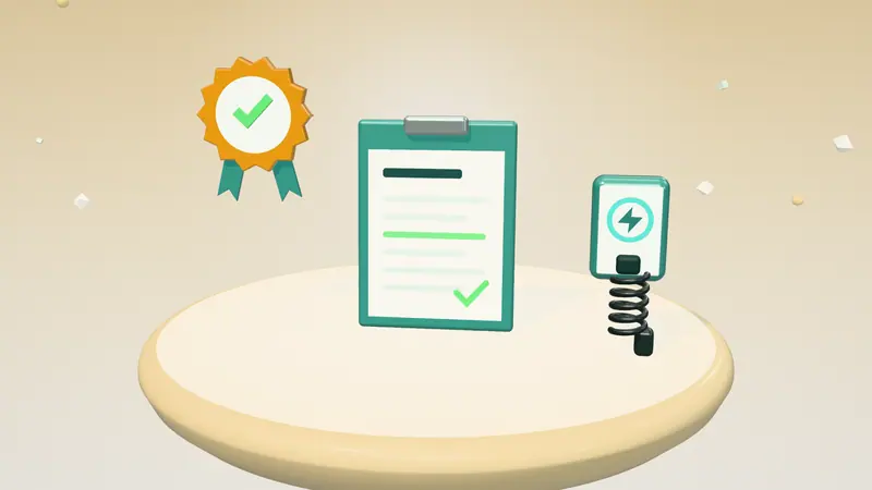 3D illustration of a clipboard with a form, an approval seal and a wall-mounted home charger on a floating island in daylight