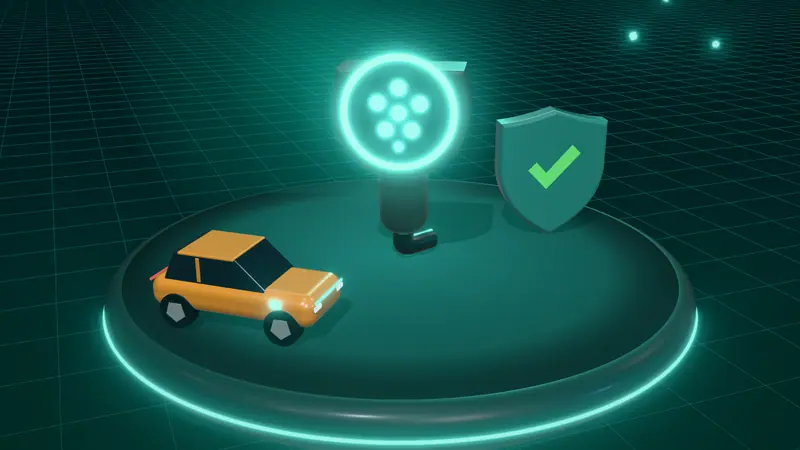 3D illustration of a Type 2 charging plug, a shield with a tick and a orange electric car on a floating island at night