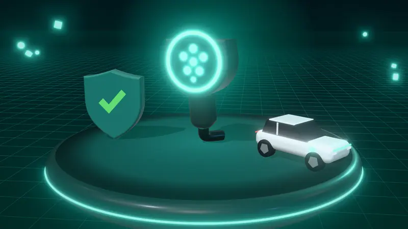 3D illustration of a Type 2 charging plug, a shield with a tick and a white electric car on a floating island at night