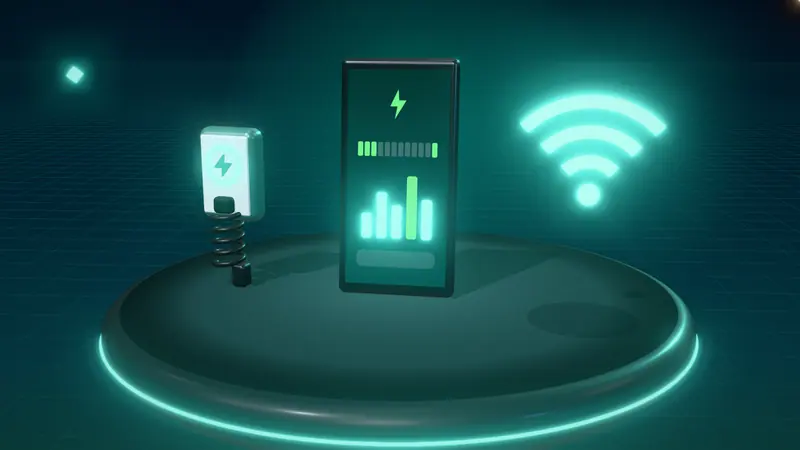 3D illustration of a smartphone app, a wall-mounted home charger and a wireless signal on a floating island at night