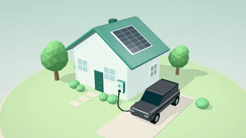 3D illustration of a dark grey electric estate car charging from a wall charger on the drive of a house in daylight
