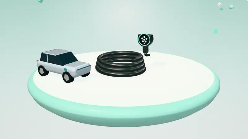3D illustration of a coiled charging cable with a plug and a silver electric car on a floating island in daylight