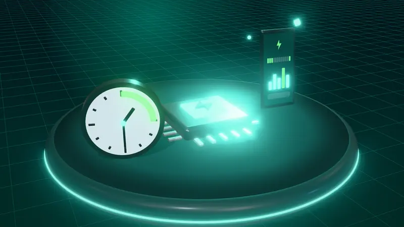 3D illustration of a microchip, a smartphone app and a clock with the overnight window lit on a floating island at night