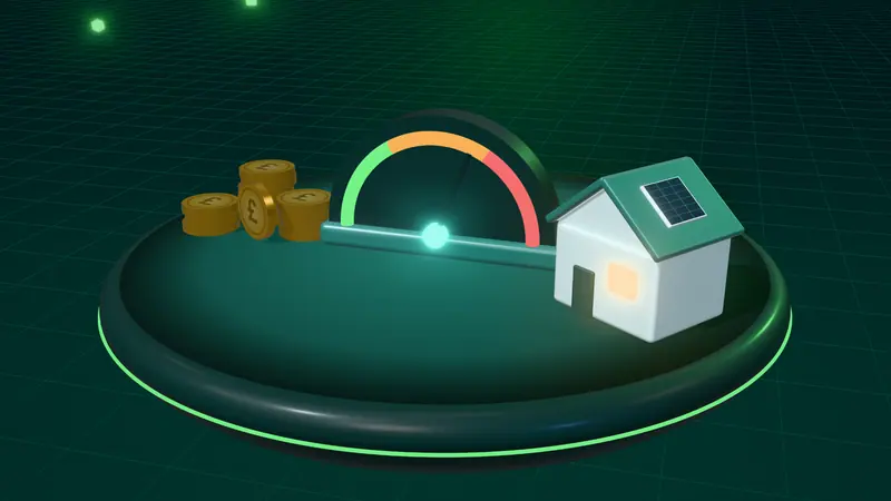 3D illustration of a speed dial, stacks of pound coins and a house with solar panels on a floating island at night