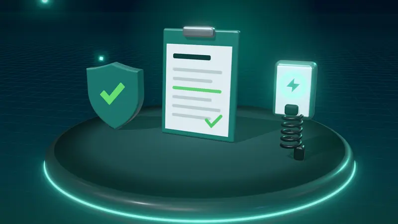 3D illustration of a clipboard with a form, a shield with a tick and a wall-mounted home charger on a floating island at night