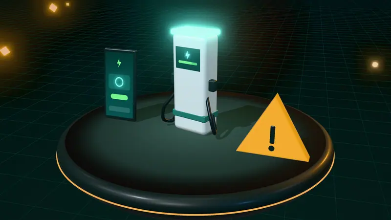 3D illustration of a public rapid charger, a smartphone app and a warning sign on a floating island at night