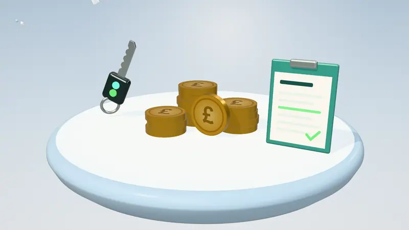 3D illustration of stacks of pound coins, a car key and a clipboard with a form on a floating island in daylight