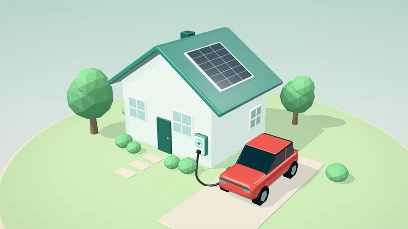 3D illustration of a red electric car charging from a wall charger on the drive of a house in daylight