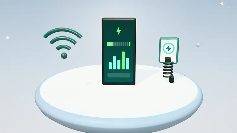 3D illustration of a smartphone app, a wall-mounted home charger and a wireless signal on a floating island in daylight