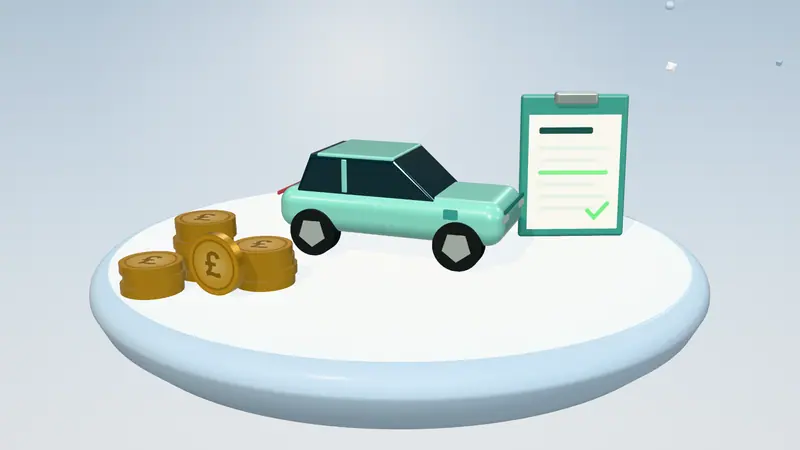 3D illustration of a mint green electric car, a clipboard with a form and stacks of pound coins on a floating island in daylight