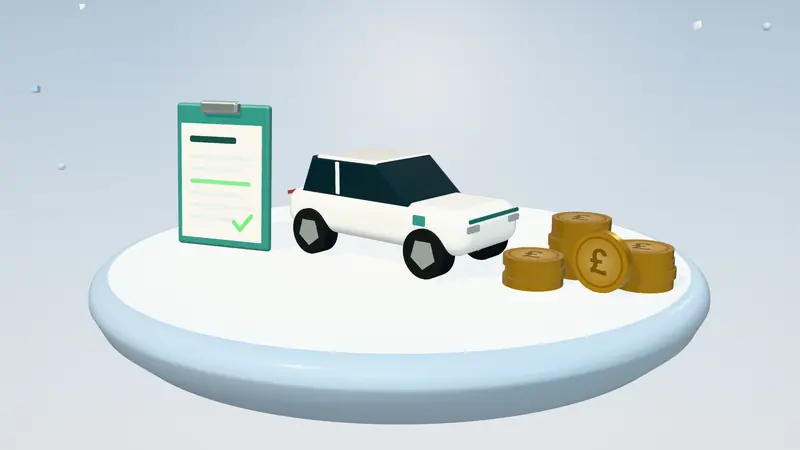 3D illustration of a white electric car, a clipboard with a form and stacks of pound coins on a floating island in daylight