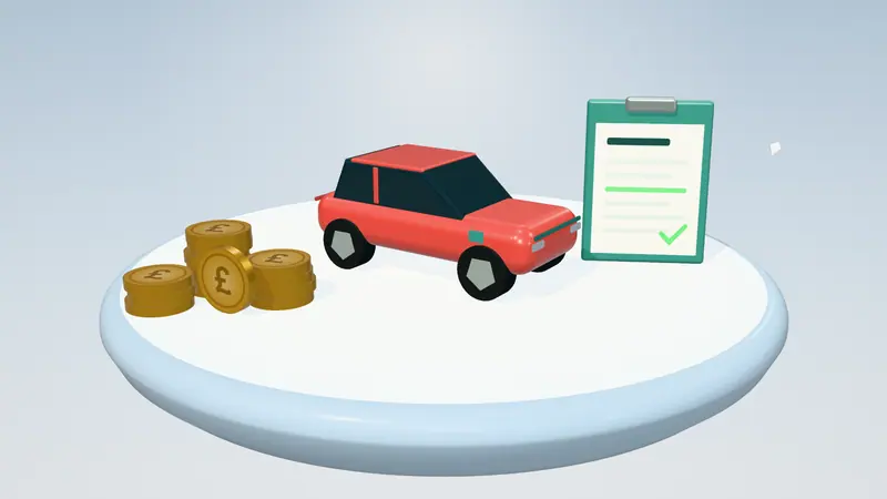 3D illustration of a red electric car, a clipboard with a form and stacks of pound coins on a floating island in daylight