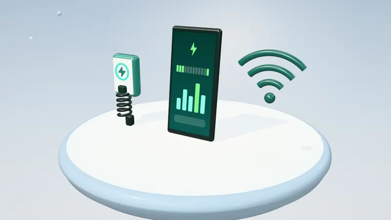 3D illustration of a smartphone app, a wall-mounted home charger and a wireless signal on a floating island in daylight