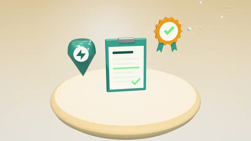 3D illustration of a clipboard with a form, an approval seal and a map pin on a floating island in daylight