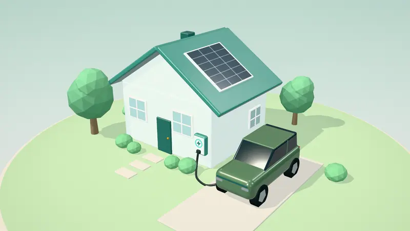 3D illustration of a green electric SUV charging from a wall charger on the drive of a house in daylight