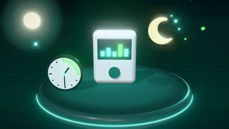 3D illustration of a smart meter, a crescent moon and a clock with the overnight window lit on a floating island at night