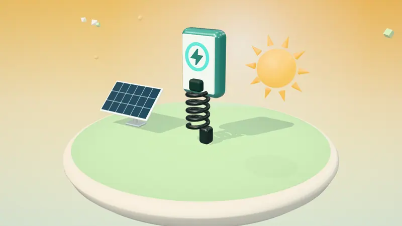 3D illustration of a wall-mounted home charger, a solar panel and the sun on a floating island in daylight