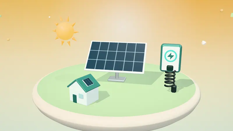 3D illustration of a solar panel, the sun, a wall-mounted home charger and a house with solar panels on a floating island in daylight