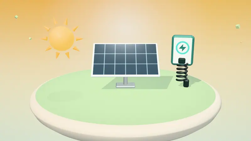 3D illustration of a solar panel, a wall-mounted home charger and the sun on a floating island in daylight