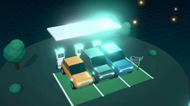 3D illustration of a public charging hub with rapid chargers under a canopy and electric cars in green bays at night, with a shopping trolley
