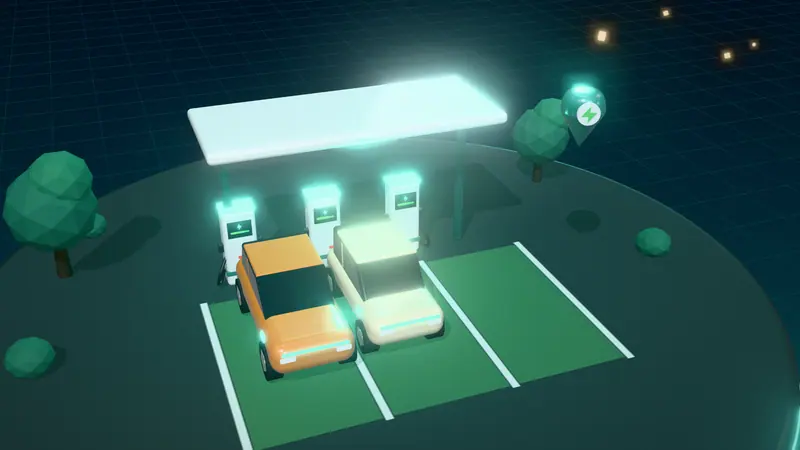 3D illustration of a public charging hub with rapid chargers under a canopy and electric cars in green bays at night, with a map pin