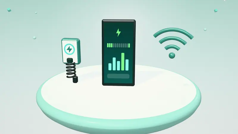 3D illustration of a smartphone app, a wall-mounted home charger and a wireless signal on a floating island in daylight