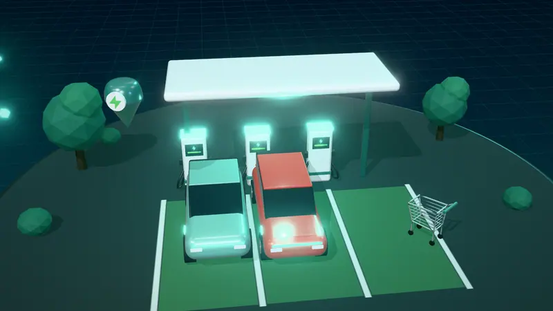 3D illustration of a public charging hub with rapid chargers under a canopy and electric cars in green bays at night, with a shopping trolley and a map pin