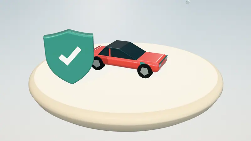 3D illustration of a red electric sports car and a shield with a tick on a floating island in daylight