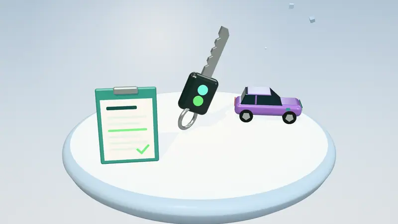 3D illustration of a car key, a purple electric car and a clipboard with a form on a floating island in daylight