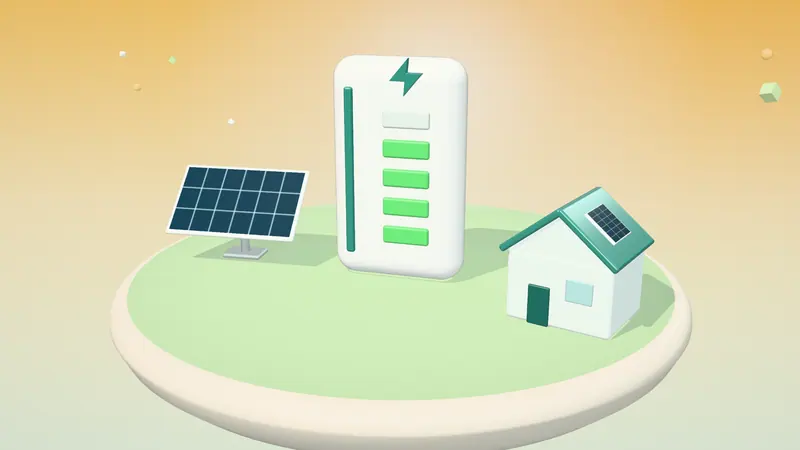 3D illustration of a home battery, a solar panel and a house with solar panels on a floating island in daylight