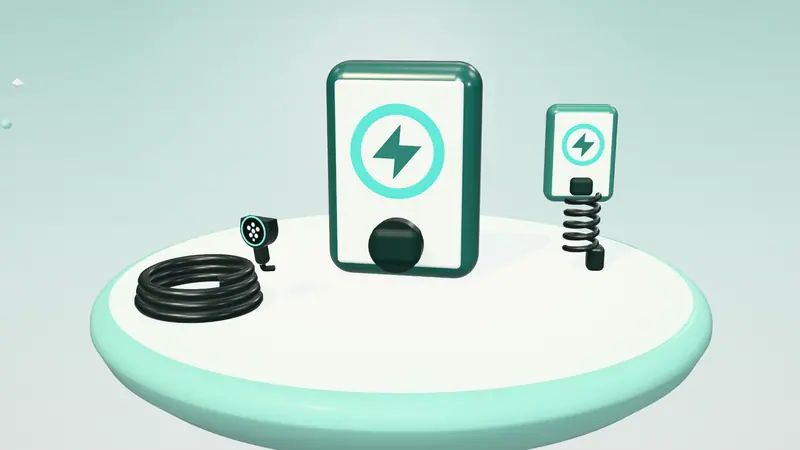 3D illustration of an untethered wall charger, a wall-mounted home charger and a coiled charging cable with a plug on a floating island in daylight