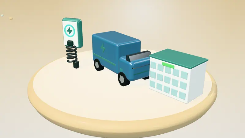 3D illustration of a blue electric van, a wall-mounted home charger and an office building on a floating island in daylight