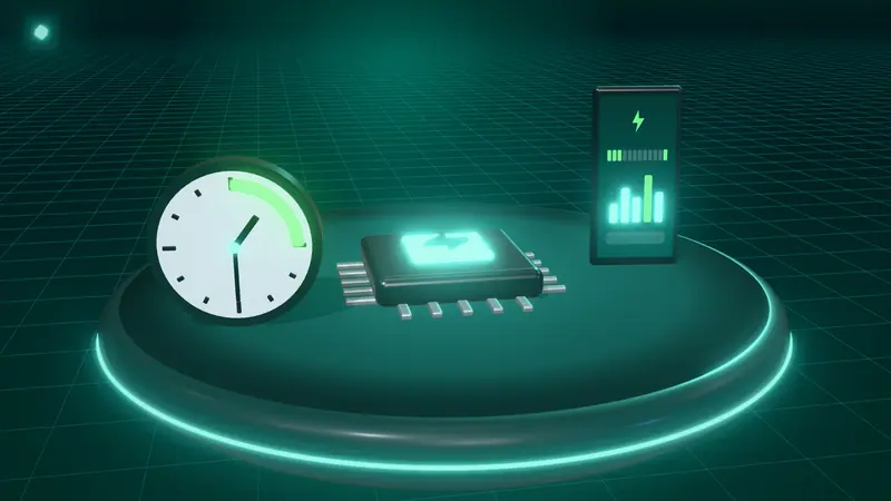 3D illustration of a microchip, a smartphone app and a clock with the overnight window lit on a floating island at night